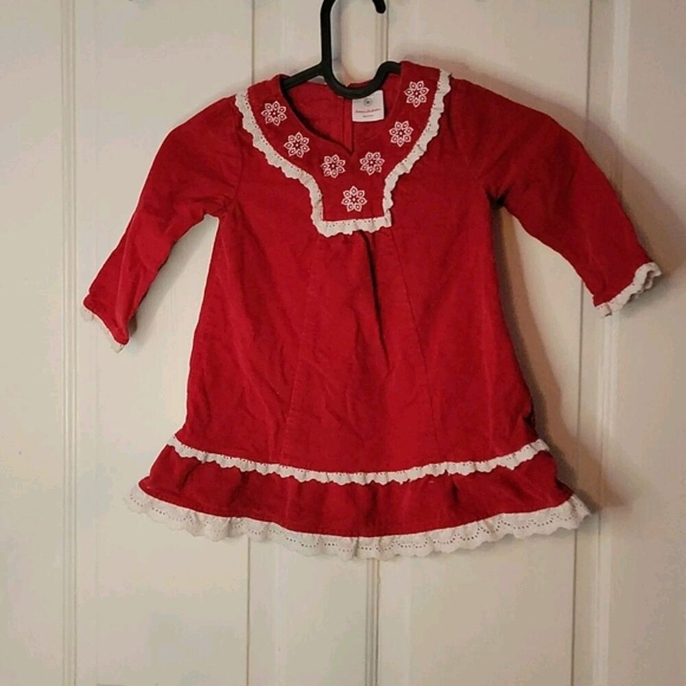Red corduroy dress white lace detail - 18-24M - long sleeve Baby Toddler